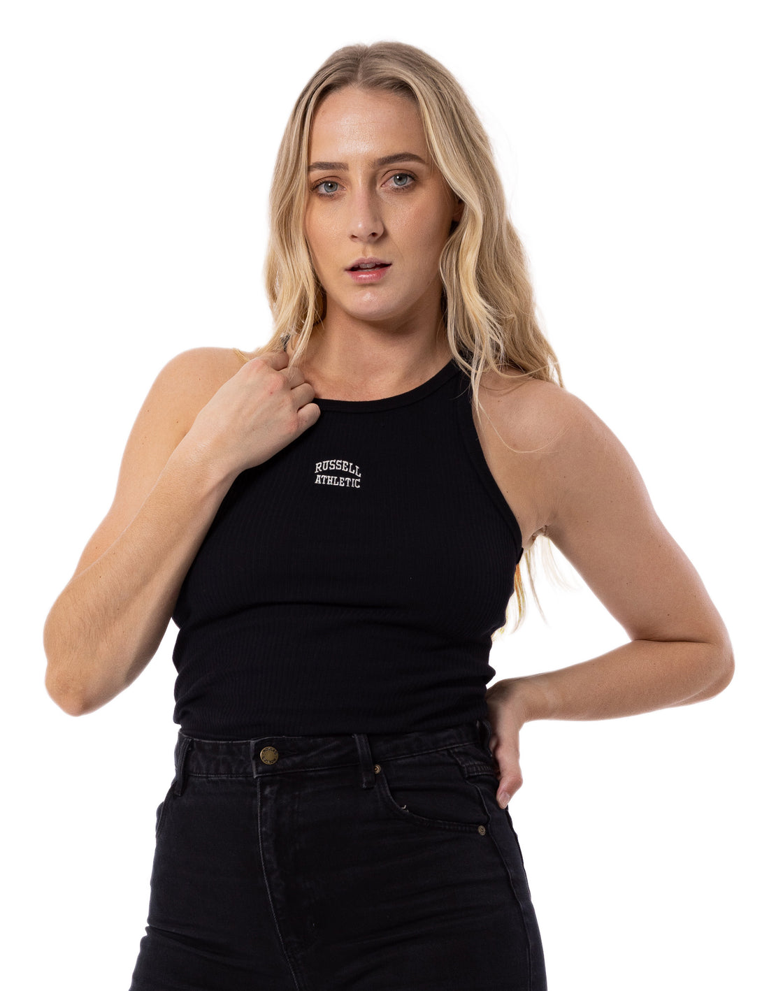 Women Russell Athletic Originals Embroidered Tanks Black | ENPGYQ837