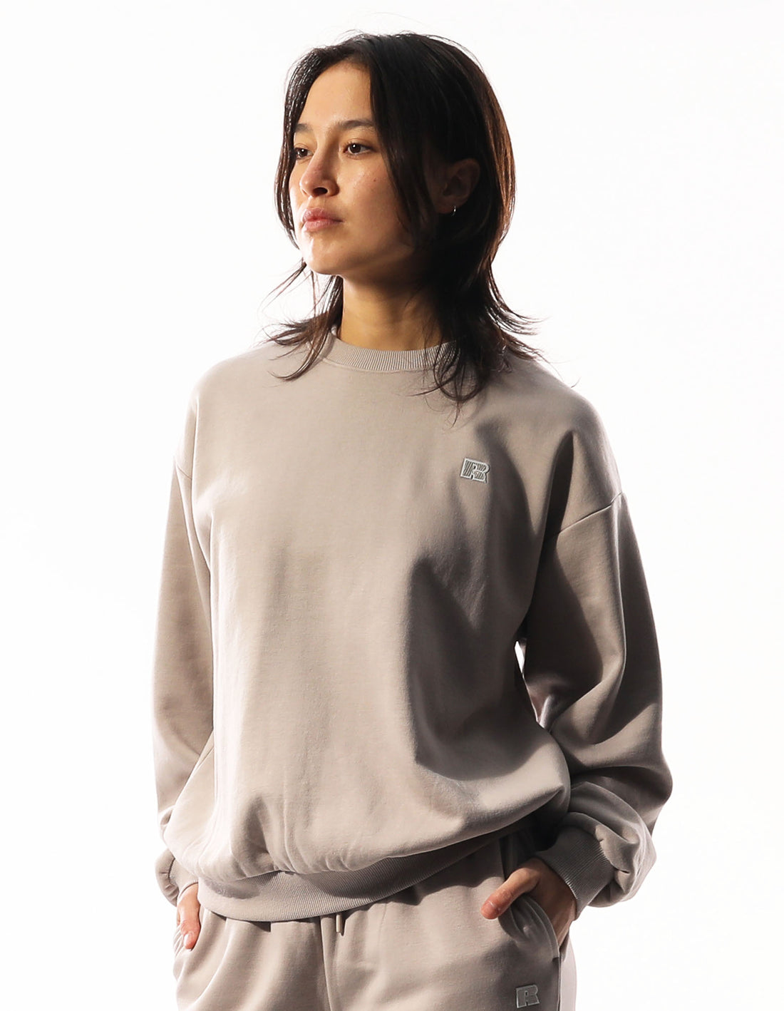 Women Russell Athletic R Logo Crew Neck Sweaters Khaki | UKWYSF731