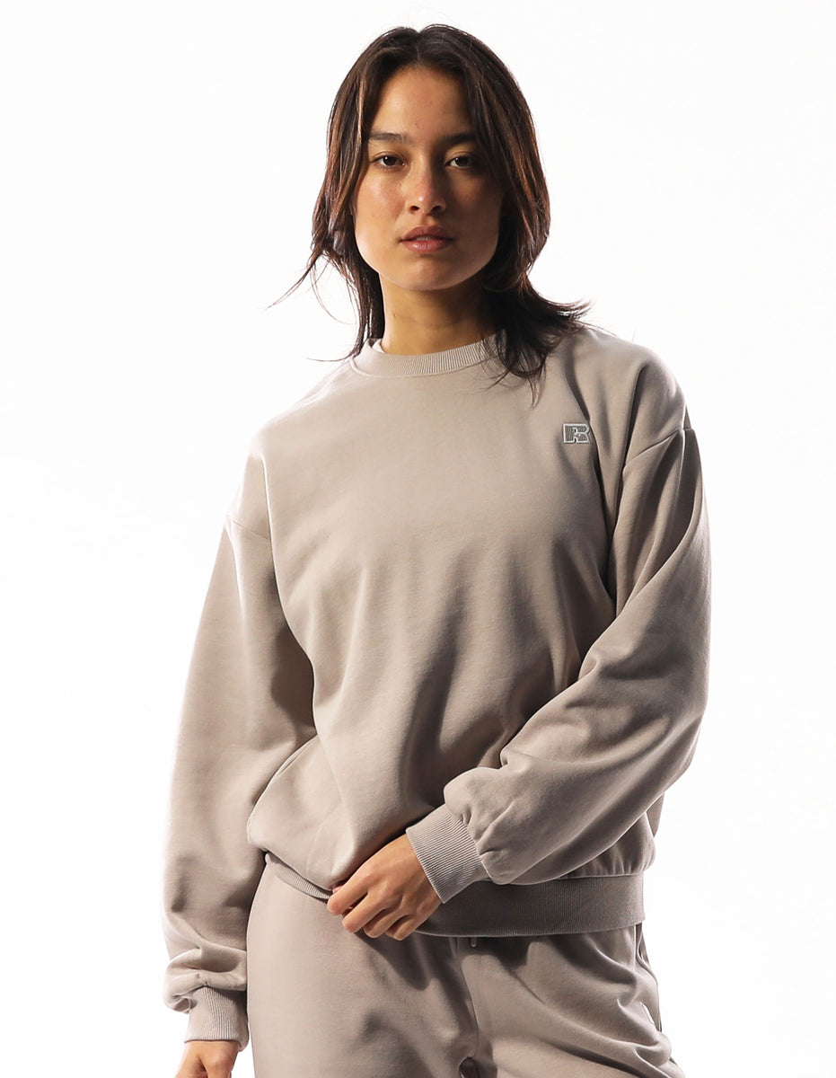 Women Russell Athletic R Logo Crew Neck Sweaters Khaki | UKWYSF731