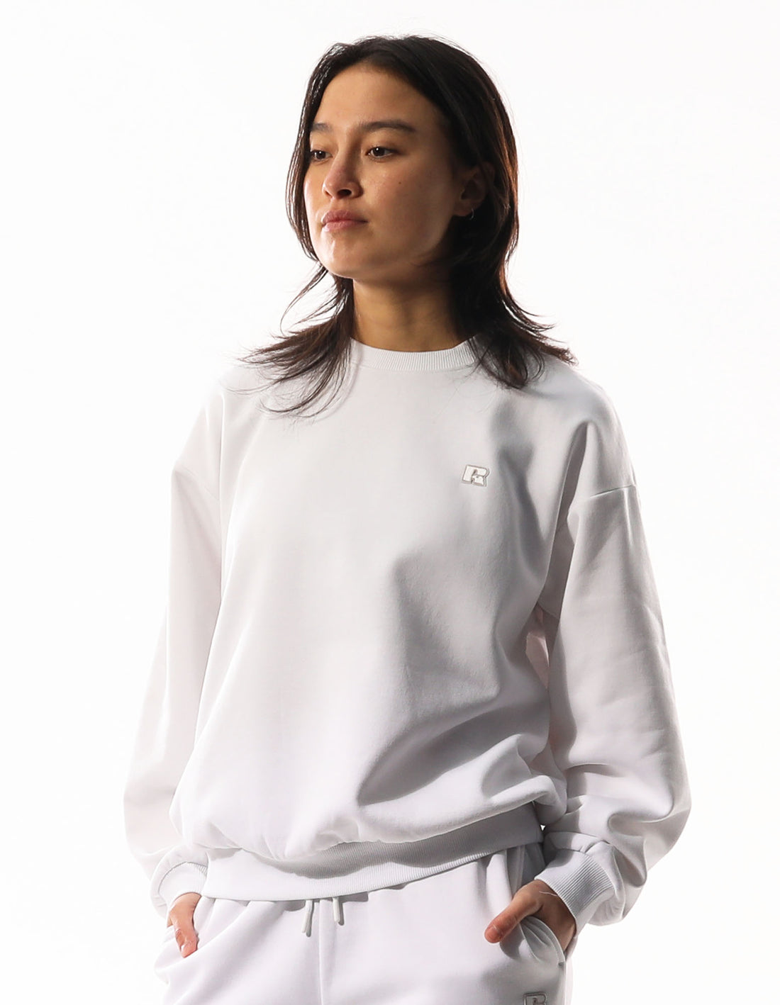 Women Russell Athletic R Logo Crew Neck Sweaters White | BORQMP328