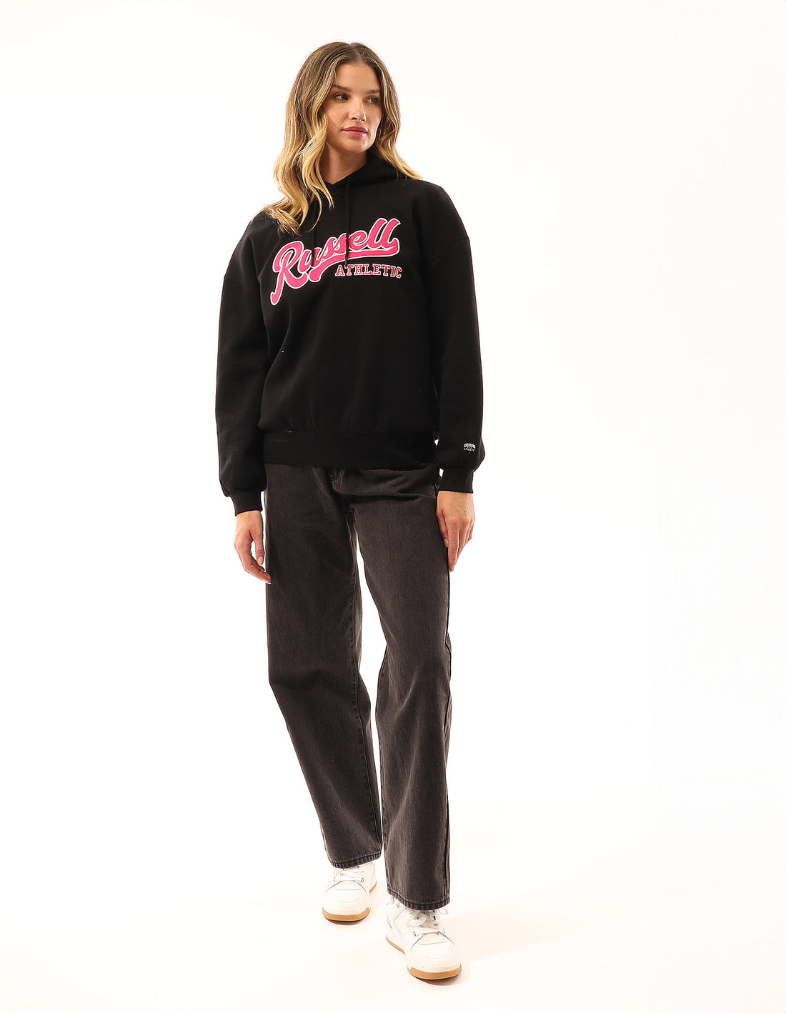 Women Russell Athletic Scripted Oversized Hoodie Black | KUZAQM478