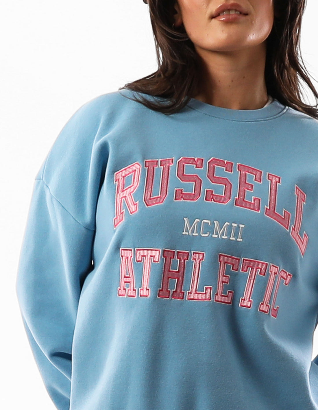 Women Russell Athletic Seattle Arch Oversized Crew Neck Sweaters Blue | ISZAXK485