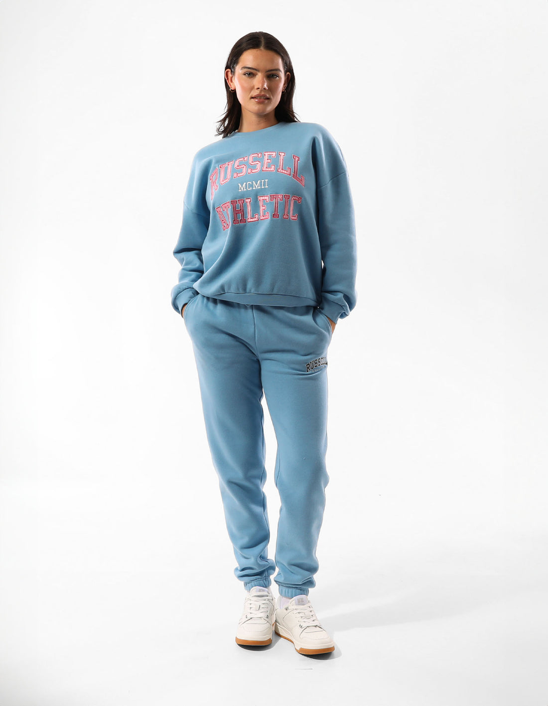 Women Russell Athletic Seattle Arch Oversized Crew Neck Sweaters Blue | ISZAXK485